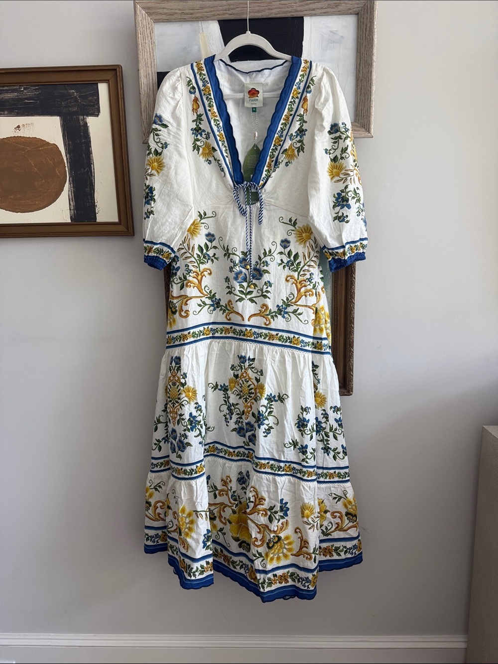 FARM Rio White Maxi Dress with Blue and Yellow Floral Embroidery